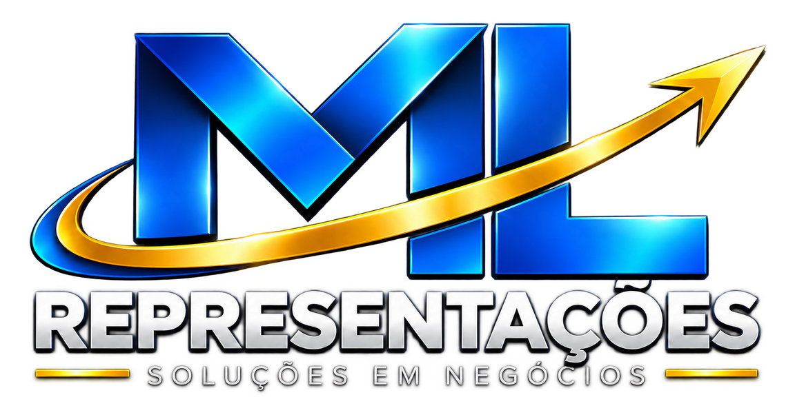 ML Representações — Soluções em negócios, logo azul metálico com seta dourada